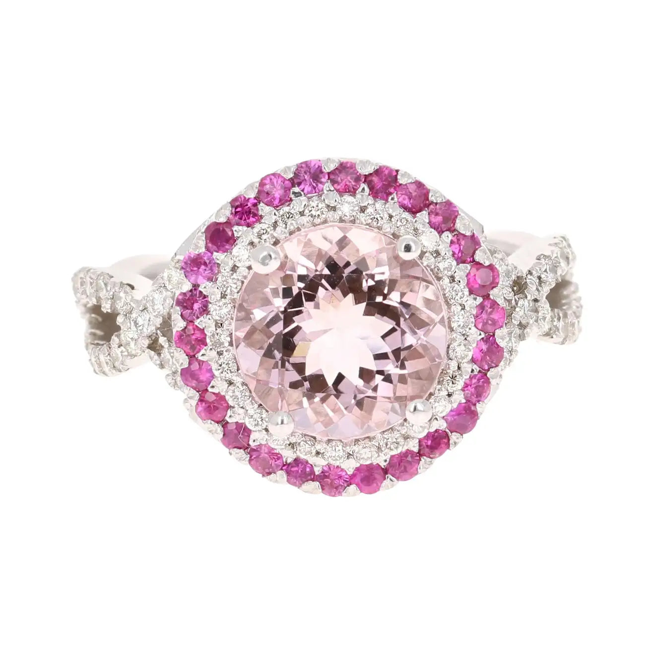 3.45 Carat Pink Morganite, Pink Sapphire and Diamond White Gold Engagement Ring