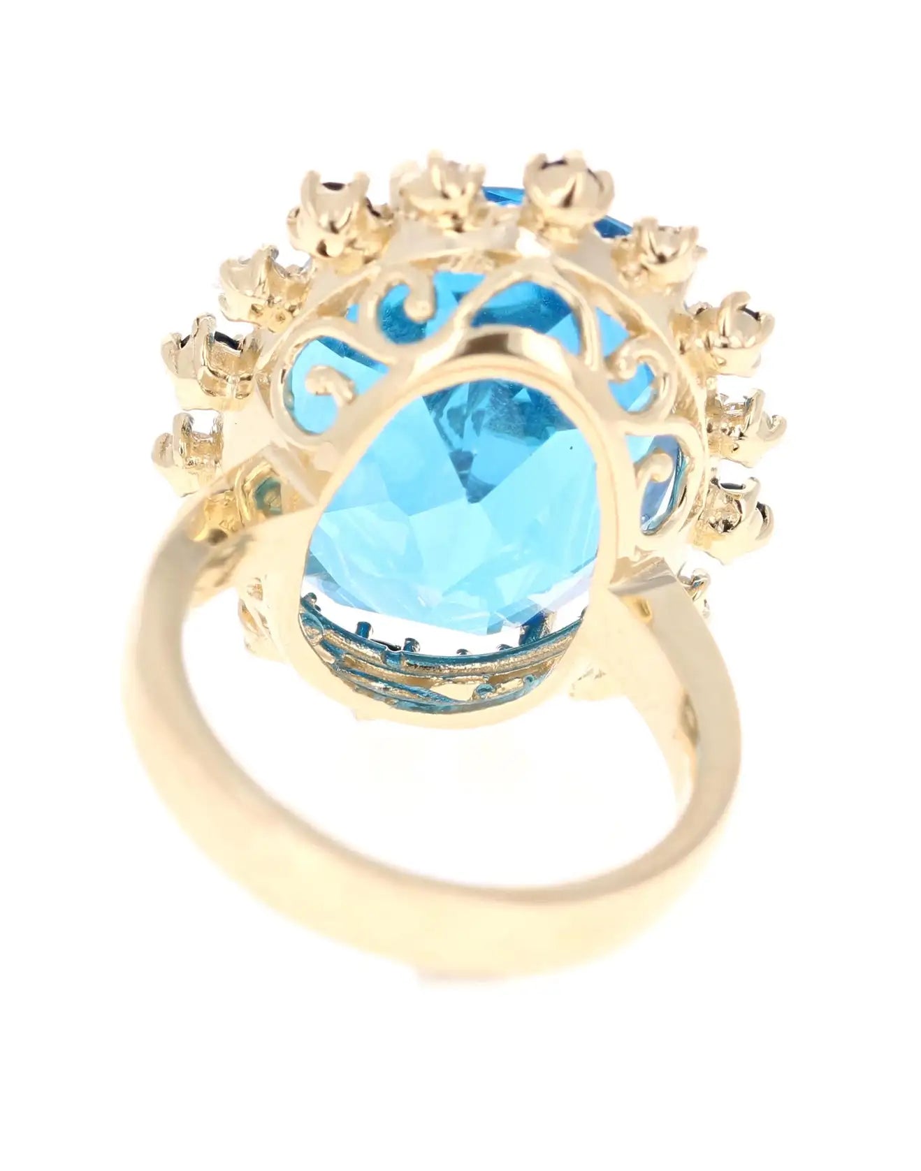 21.50 Carat Oval Cut Blue Topaz Diamond 14 Karat Yellow Gold Cocktail Ring