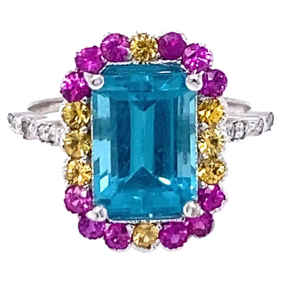 4.62 Carat Apatite Sapphire Diamond 14 Karat White Gold Cocktail Ring