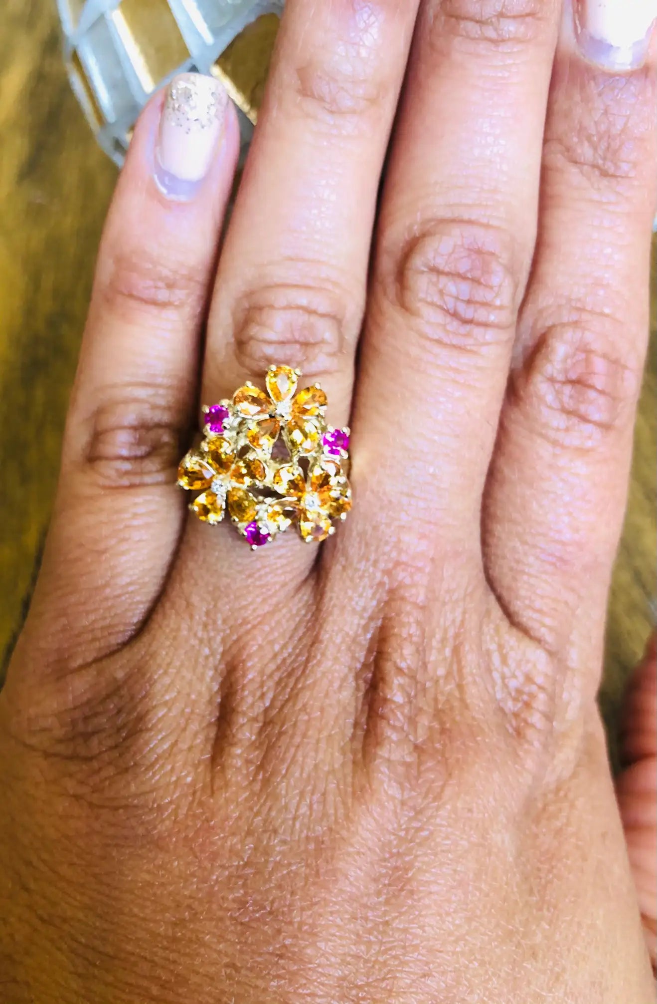 Sapphire Diamond Yellow Gold Floret Design Cocktail Ring