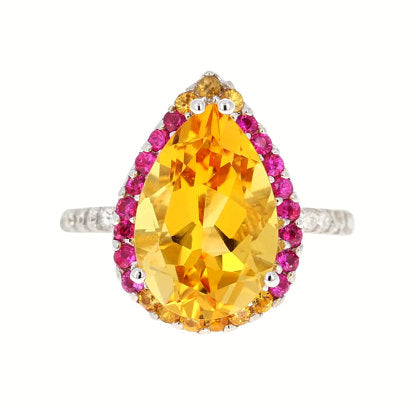 6.25 Carat Citrine Pink Sapphire Diamond White Gold Cocktail Ring