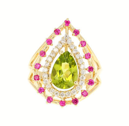 2.59 Ct Peridot, Sapphire, Diamond 14K Yellow Gold Cocktail Ring