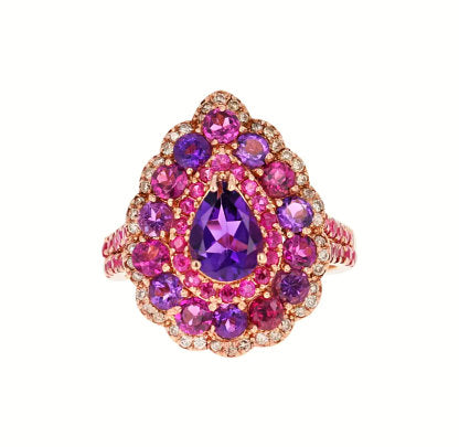 3.57 Ct Amethyst, Garnet, Pink Sapphire, Diamond 14K Rose Gold Cocktail Ring