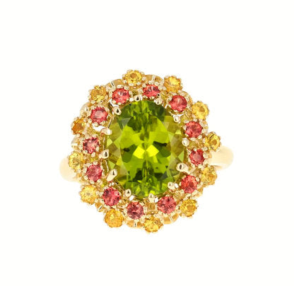 4.51 Carat Peridot Yellow and Red Sapphire 14 Karat Yellow Gold Cocktail Ring