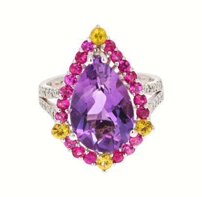 6.54 Ct Amethyst, Sapphire, Diamond 14K White Gold Ring