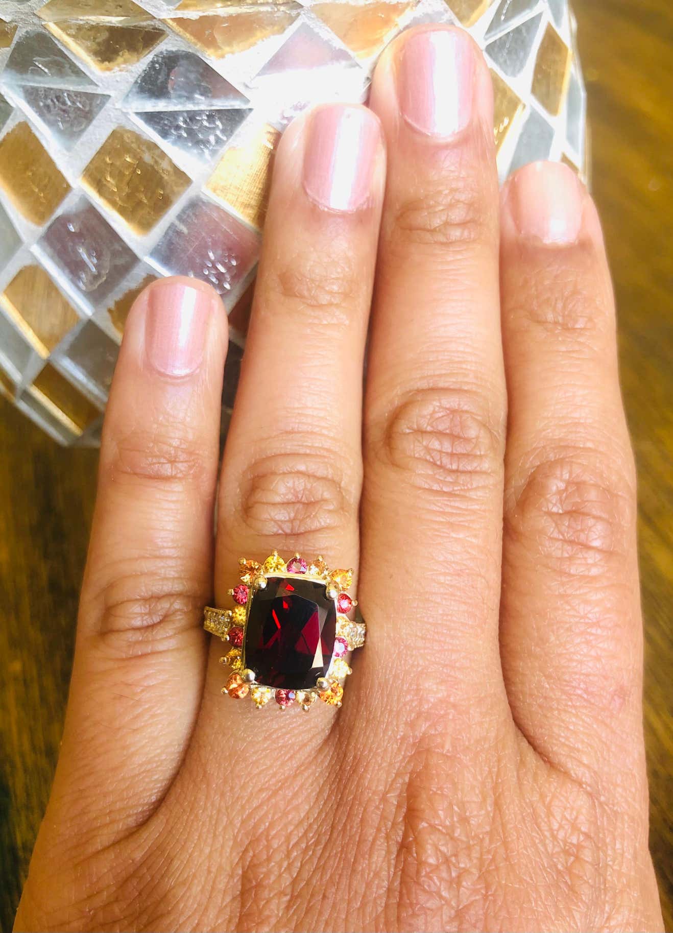 6.97 Carat Garnet Sapphire Diamond 14 Karat Yellow Gold Ring