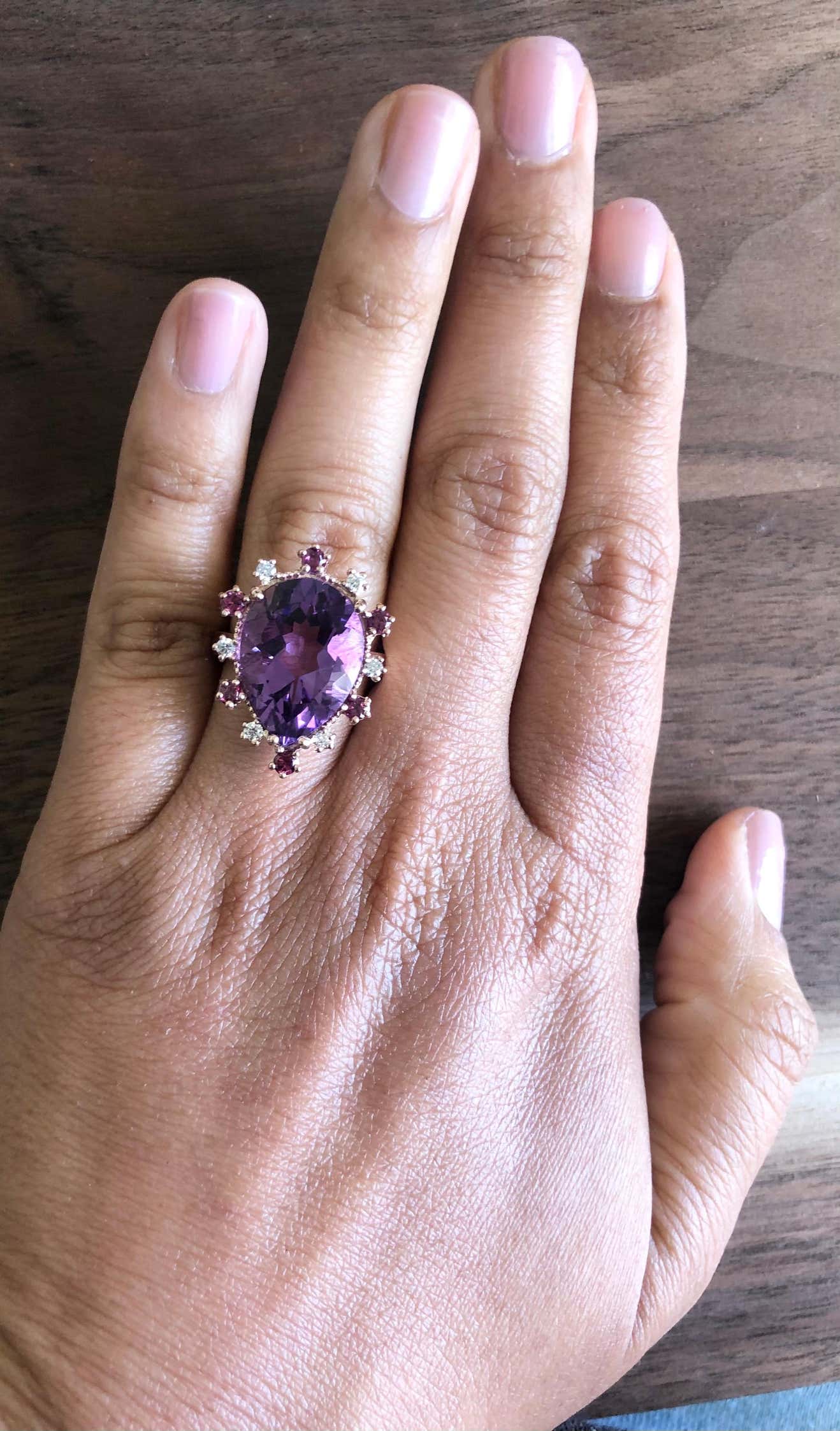 10.16 Ct Amethyst, Garnet, Diamond 14 Karat Rose Gold Ring