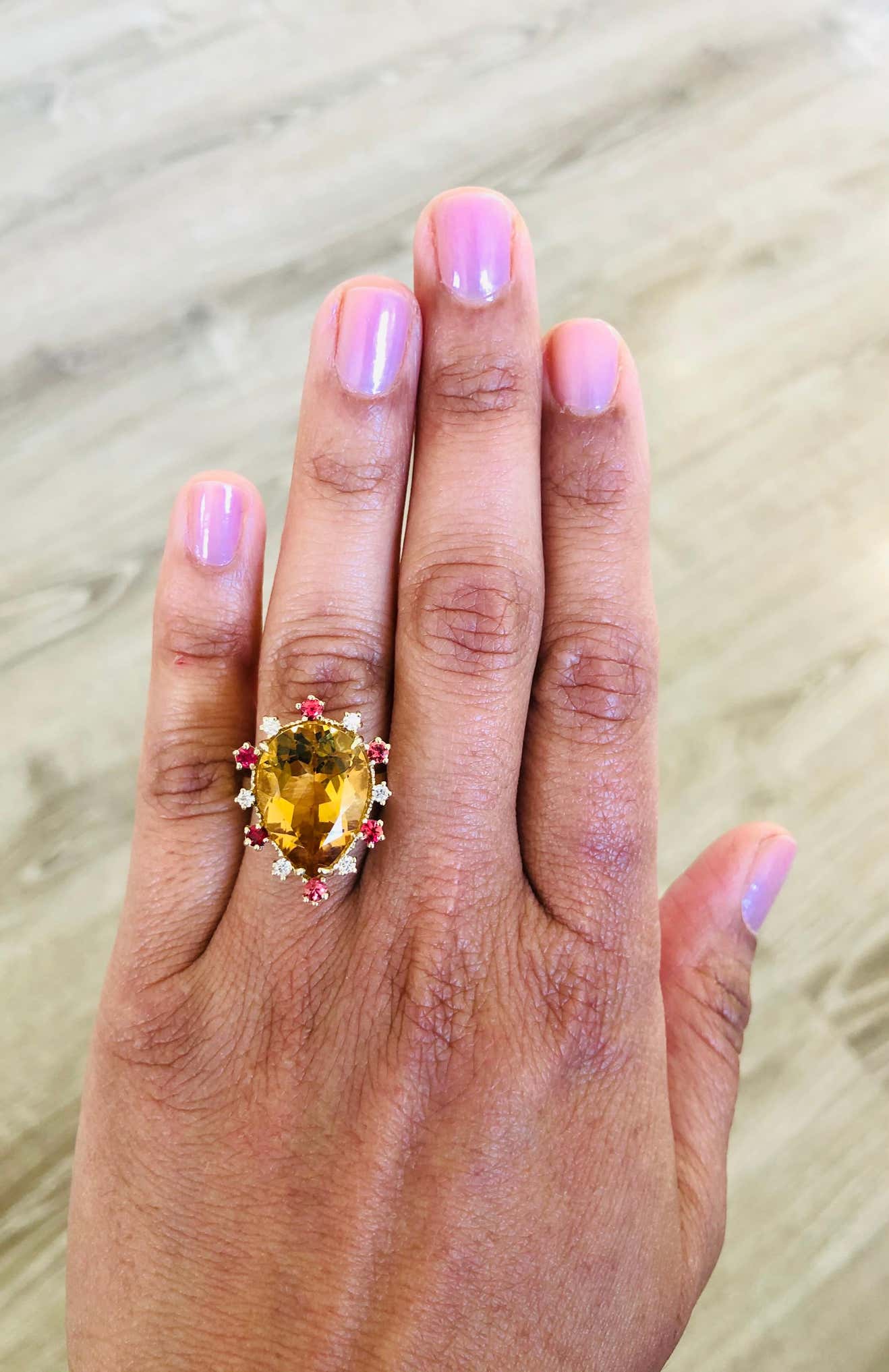 11.09 Carat Pear Cut Citrine Sapphire Diamond 14 Karat Yellow Gold Ring