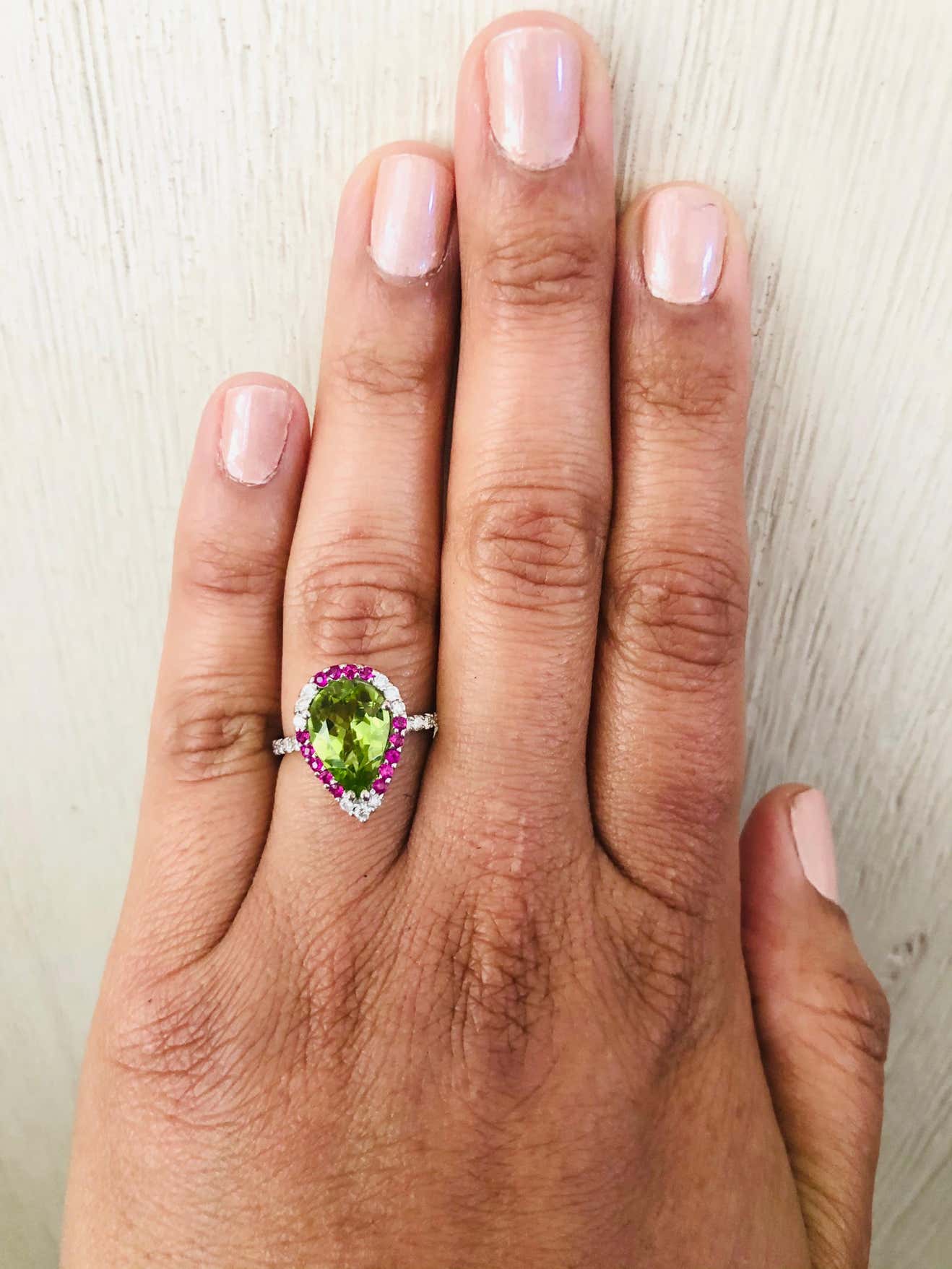 3.34 Ct Peridot, Diamond, Sapphire 14 K White Gold Ring