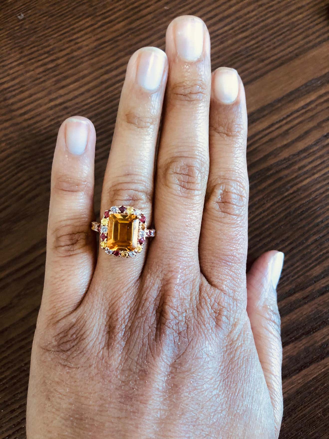 5.29 Carat Citrine Multisapphire 14 Karat Rose Gold Ring