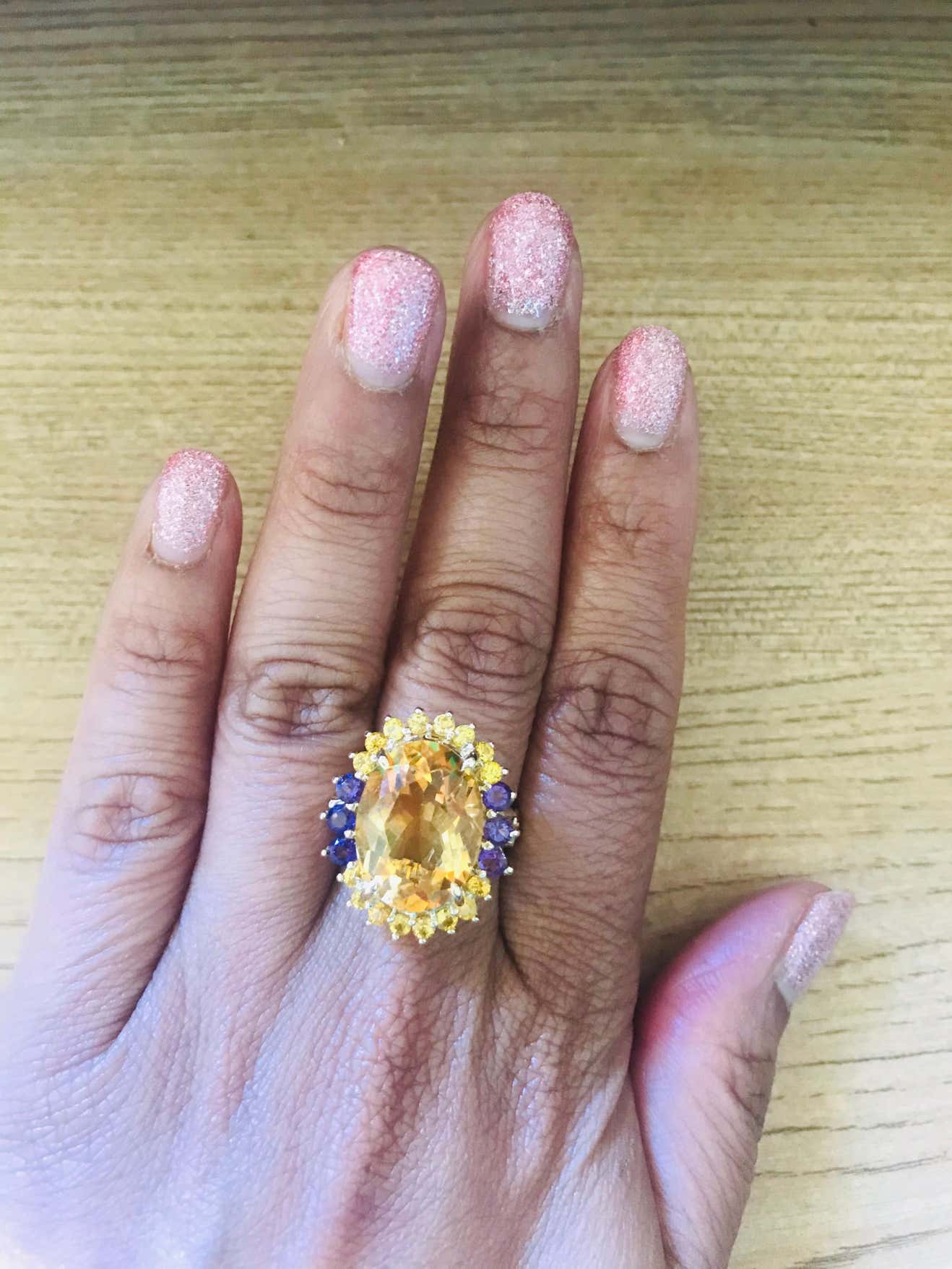 9.80 Carat Oval Cut Citrine Amethyst 14 Karat Yellow Gold Cocktail Ring