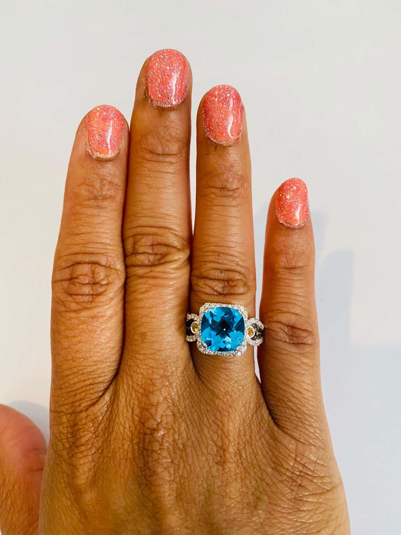 4.61 Carat Blue Topaz Sapphire Diamond White Gold Cocktail Ring